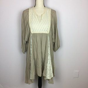 Umgee Shift Dress Tunic Size S Womans Tan Ivory Lace Trim Boho Hippie 3/4 Sleeve